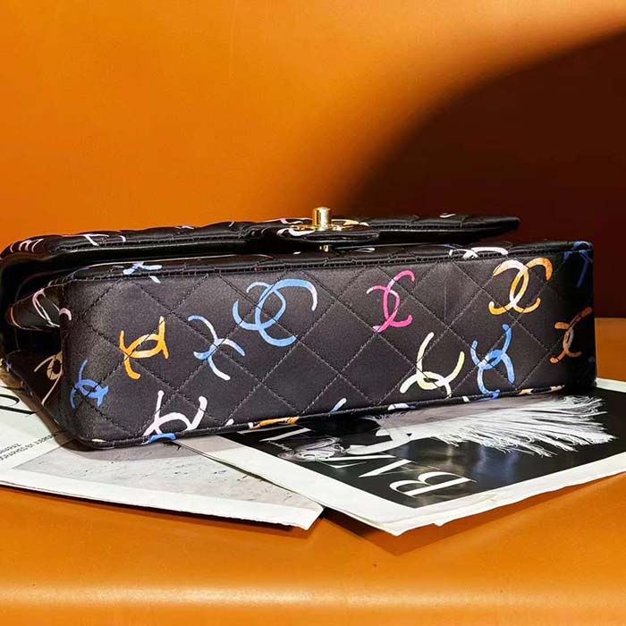 Chanel Women CC Classic 11.12 Handbag Printed Fabric Gold-Tone Metal Black Multicolor