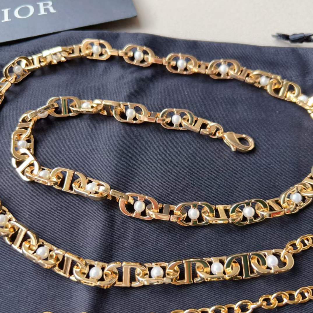 Dior CD Women 30 Montaigne Jolie Chain Belt Gold White Resin Pearls 10 MM