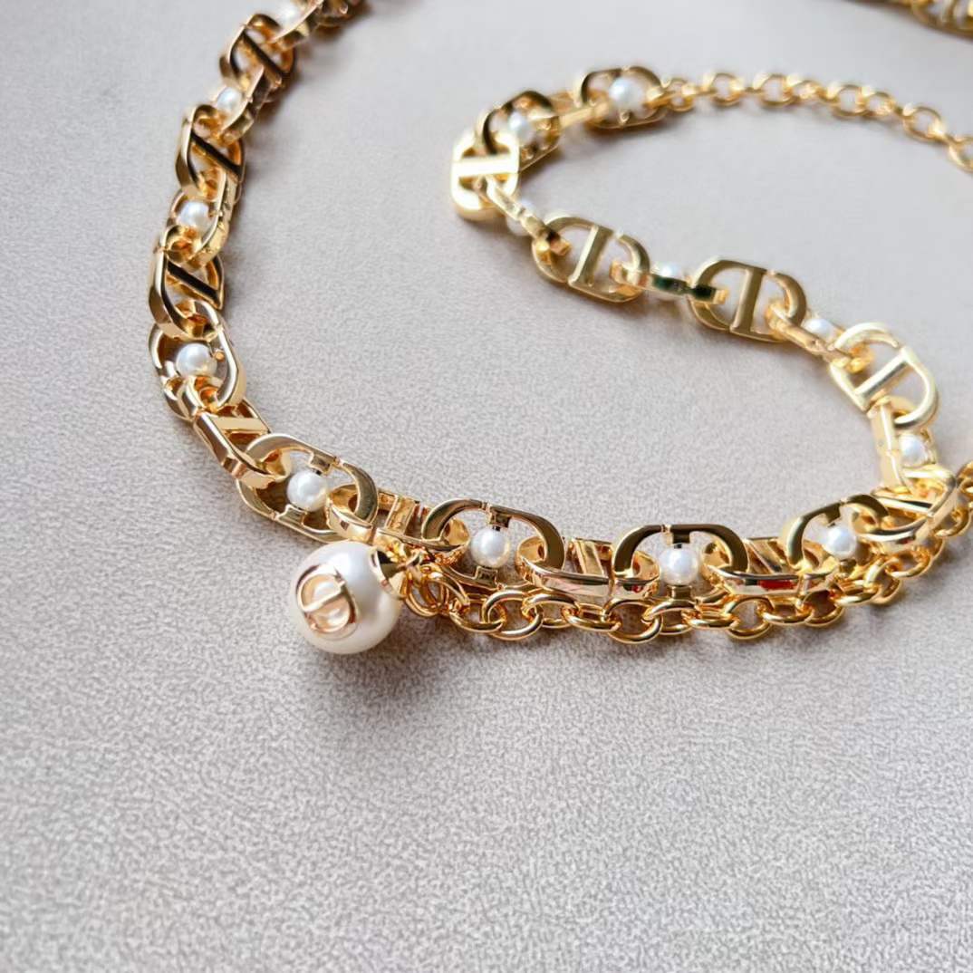 Dior CD Women 30 Montaigne Jolie Chain Belt Gold White Resin Pearls 10 MM