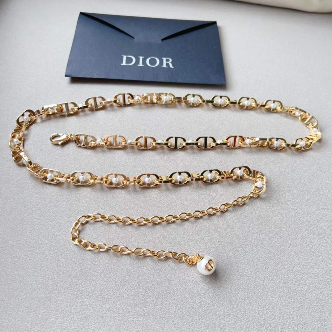 Dior CD Women 30 Montaigne Jolie Chain Belt Gold White Resin Pearls 10 MM