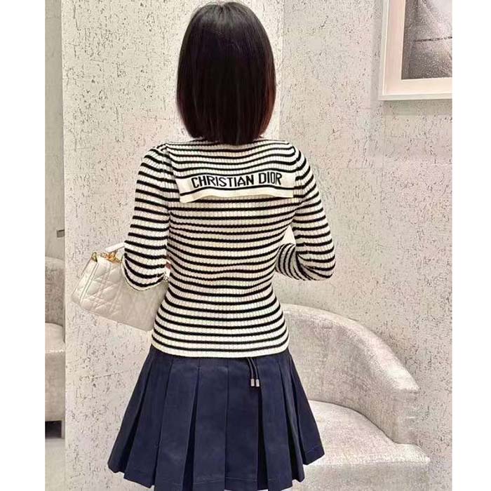 Dior CD Women Dioriviera Straight Dress White Navy Blue Cotton Ribbed Knit Marinière