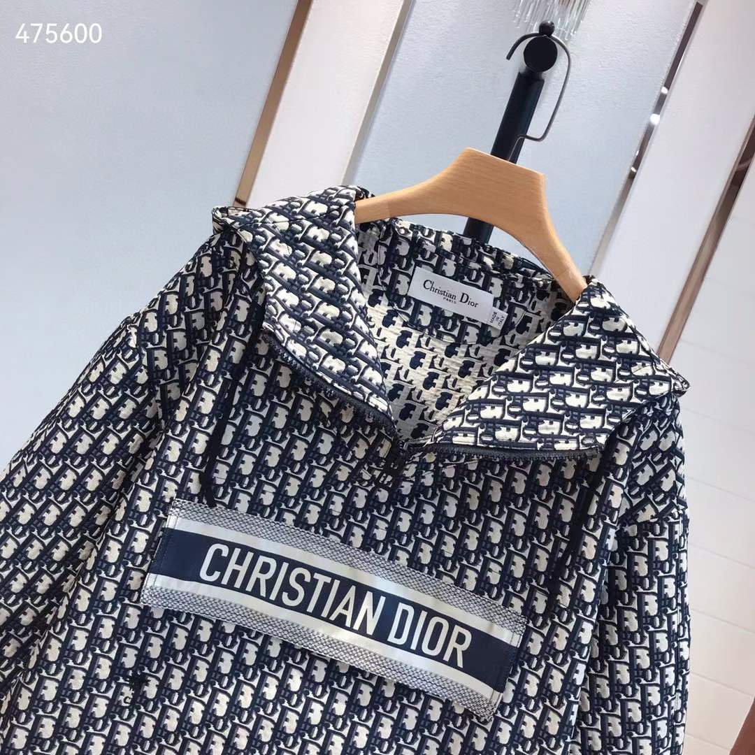 Dior CD Women Hooded Anorak Blue Ecru Technical Taffeta Jacquard Dior Oblique