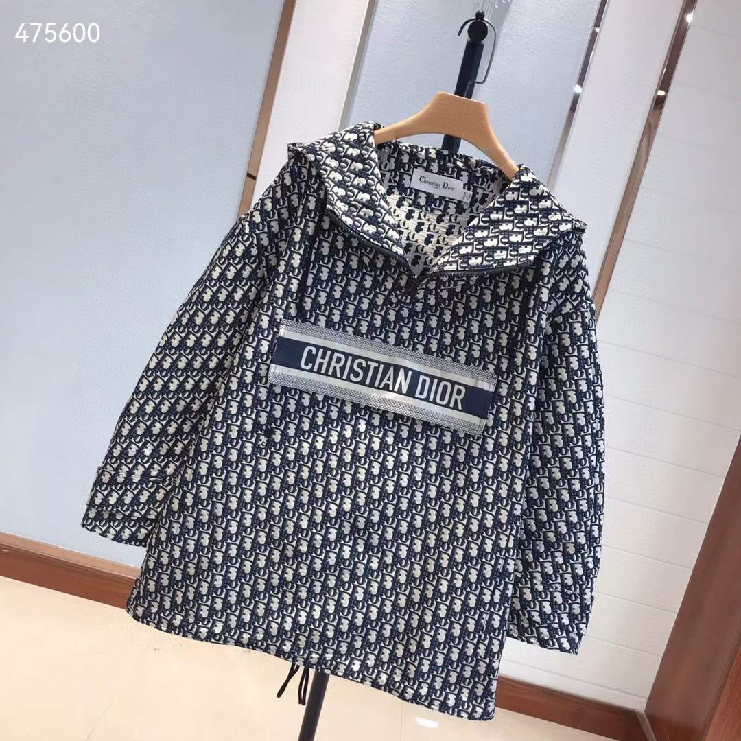 Dior CD Women Hooded Anorak Blue Ecru Technical Taffeta Jacquard Dior Oblique