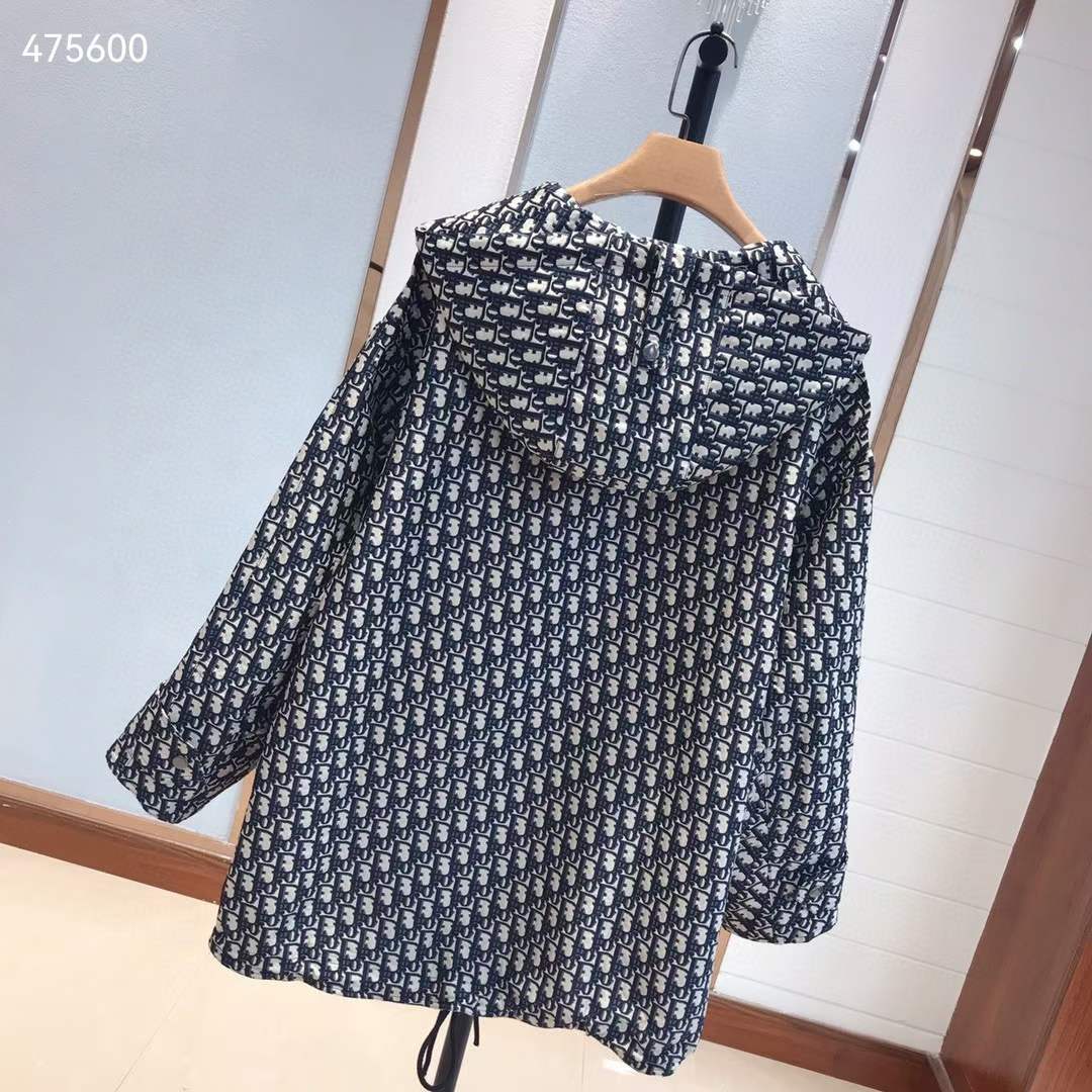 Dior CD Women Hooded Anorak Blue Ecru Technical Taffeta Jacquard Dior Oblique
