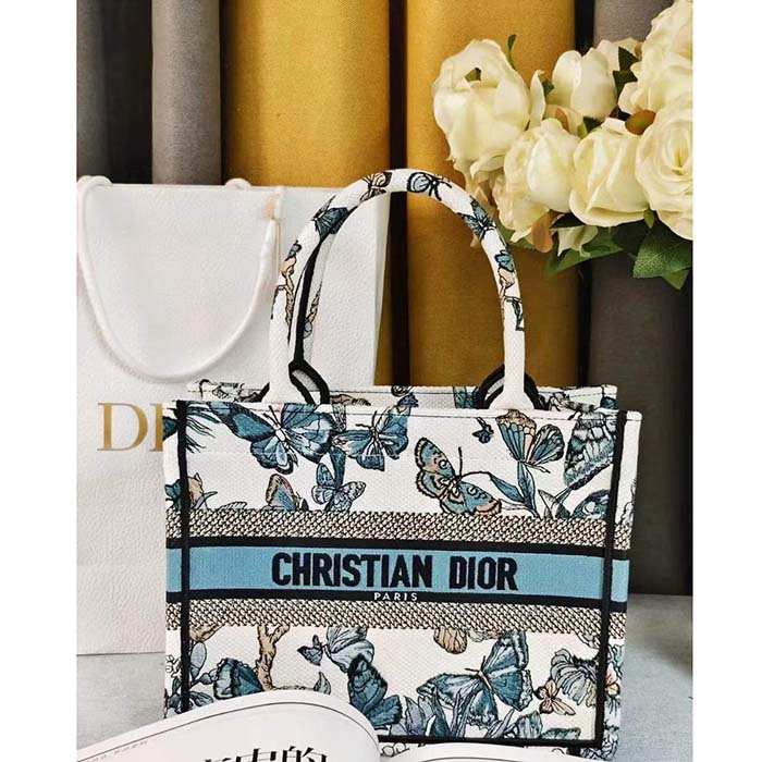 Dior CD Women Large Dior Book Tote White Blue Toile De Jouy Mexico Embroidery