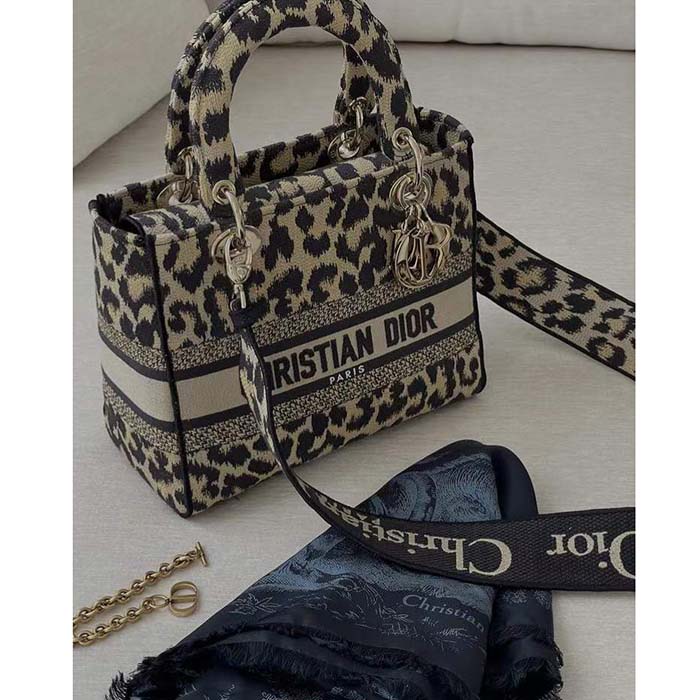 Dior CD Women Medium Lady D-Lite Bag Beige Black Mizza Embroidery