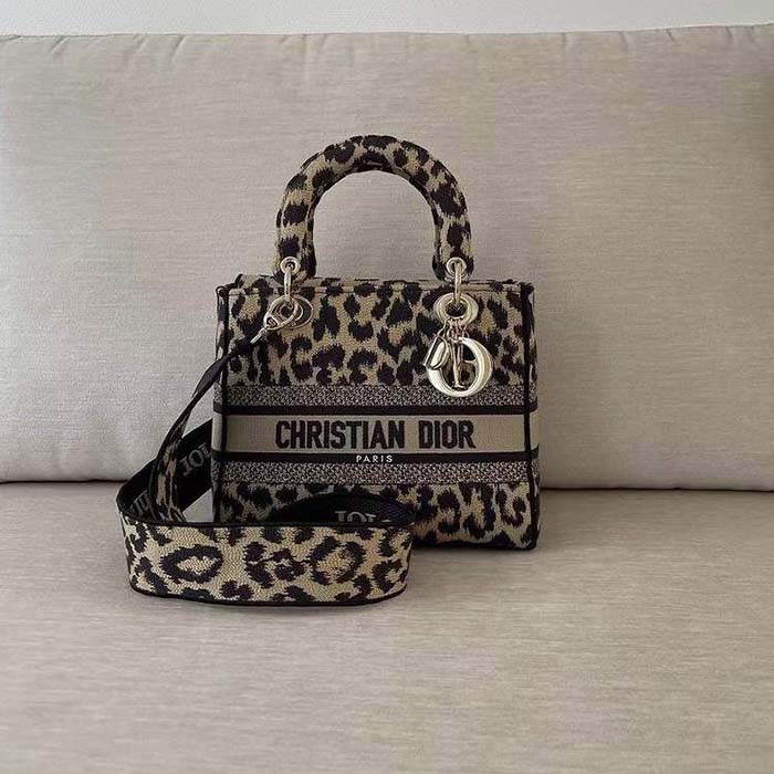 Dior CD Women Medium Lady D-Lite Bag Beige Black Mizza Embroidery