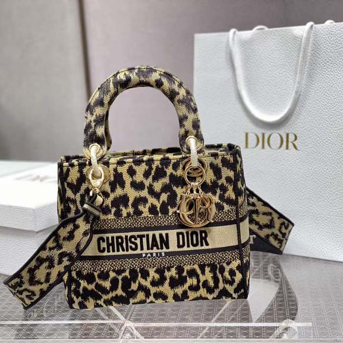 Dior CD Women Medium Lady D-Lite Bag Beige Black Mizza Embroidery