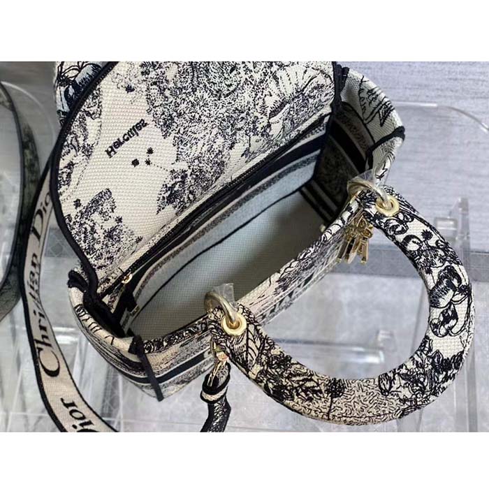 Dior CD Women Medium Lady D-Lite Bag Latte Black Toile De Jouy Zodiac Embroidery