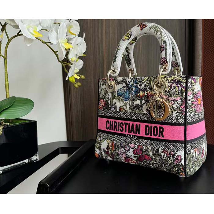 Dior CD Women Medium Lady D-Lite Bag White Multicolor Mexico Millefiori Embroidery