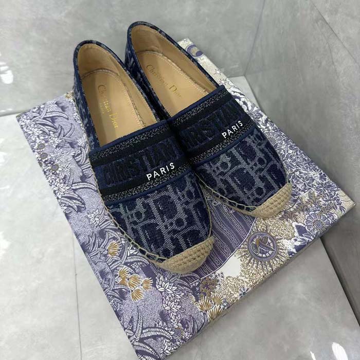 Dior Unisex CD Dior Granville Espadrille Blue Stonewashed Cotton Denim Embroidered Oblique