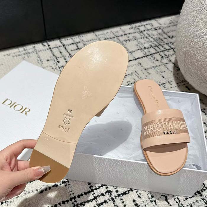 Dior Unisex CD Dway Slide Nude Calfskin Embroidered Cotton
