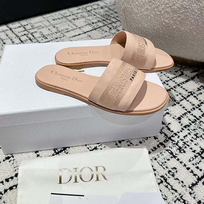 Dior Unisex CD Dway Slide Nude Calfskin Embroidered Cotton