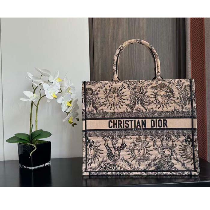 Dior Unisex Large Dior Book Tote Beige Black Toile De Jouy Soleil Embroidery