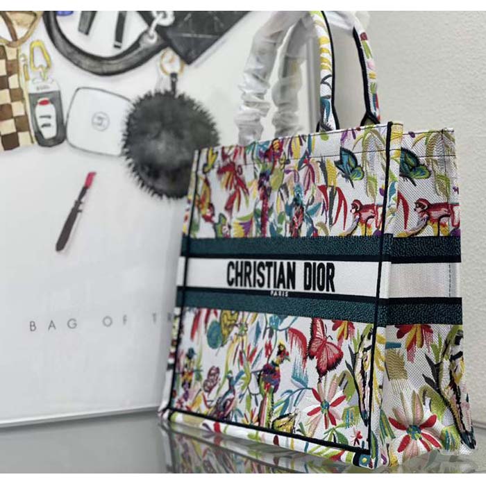 Dior Unisex Large Dior Book Tote White Multicolor Toile De Jouy Fantastica Embroidery