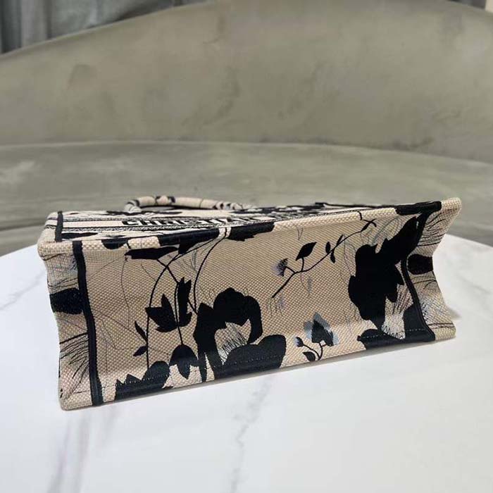 Dior Women CD Medium Dior Book Tote Beige Black Fleurs Mystiques Embroidery