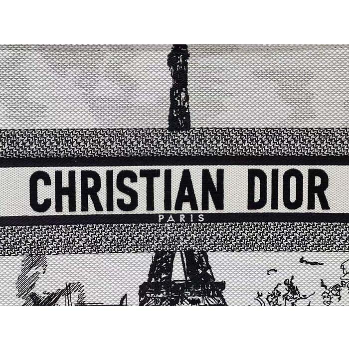 Dior Women CD Medium Dior Book Tote White Black Paris Embroidery