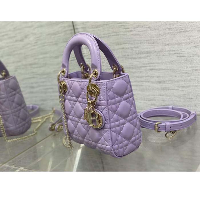 Dior Women CD Mini Lady Dior Bag Lilac Cannage Lambskin