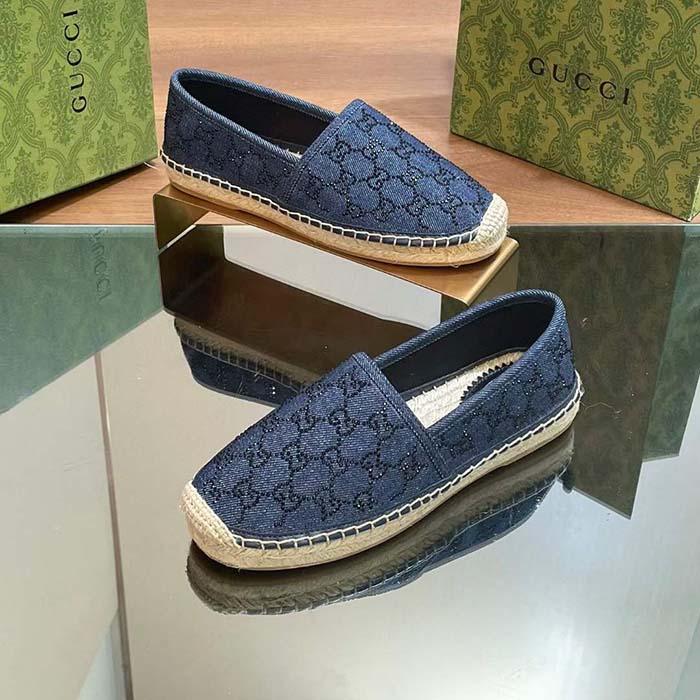 G*u*i unisex espadrille gg crystals blue denim black gg crystals flat
