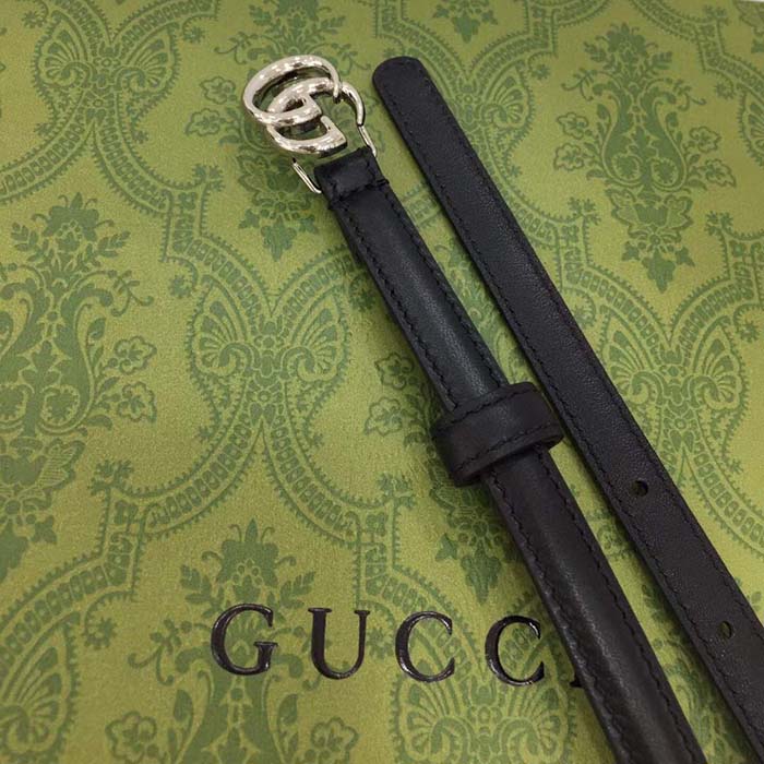 G*u*i unisex gg thin belt belt black leather double g buckle 1.3 cm width