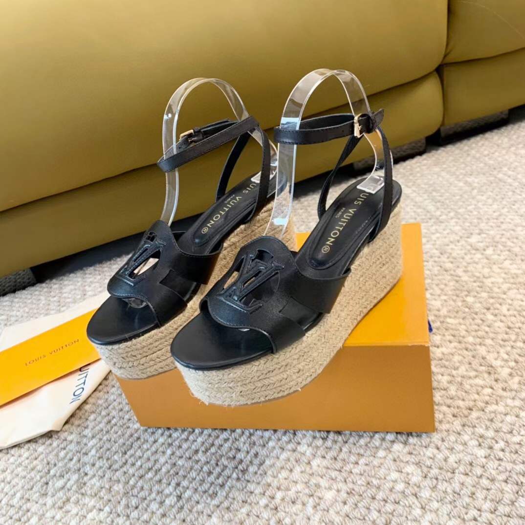 Louis Vuitton LV Women LV Isola Wedge Sandal Black Calf Leather Rope Rubber 1ACI6H