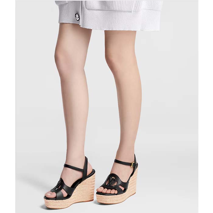 Louis Vuitton LV Women LV Isola Wedge Sandal Black Calf Leather Rope Rubber 1ACI8E