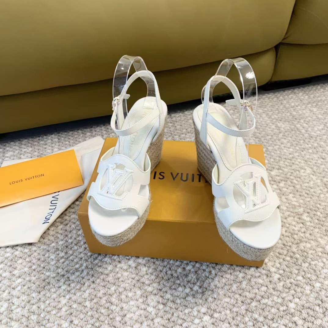 Louis Vuitton LV Women LV Isola Wedge Sandal White Calf Leather Rope Rubber 1ACI8U