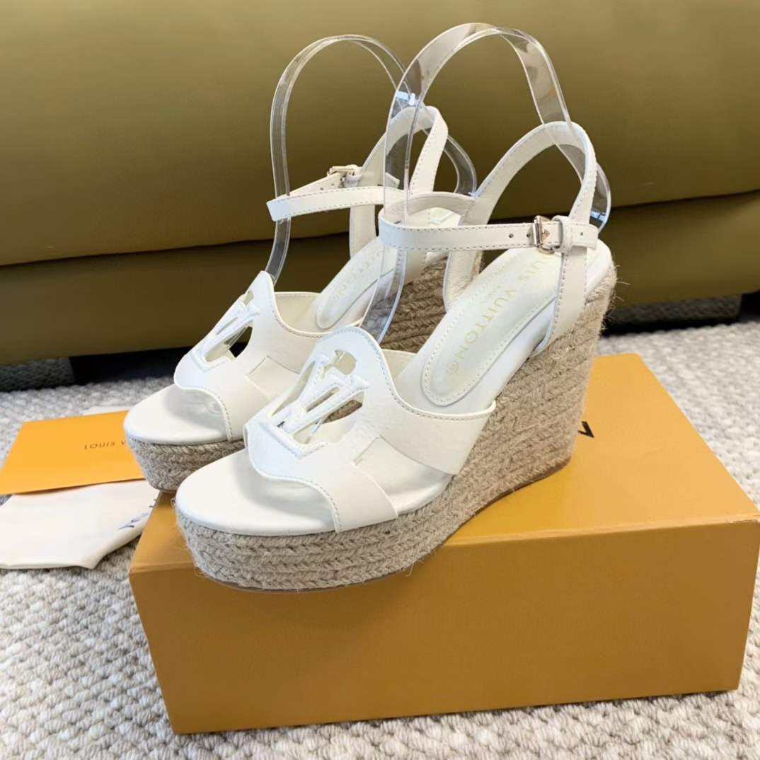Louis Vuitton LV Women LV Isola Wedge Sandal White Calf Leather Rope Rubber 1ACI8U