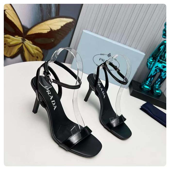 Prada Women Satin High-Heeled Sandals Black Viscose 8.5 CM Heel