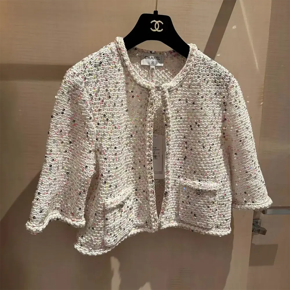 Chanel Women CC Coat Embroidered Cotton Wool Tweed Pink White
