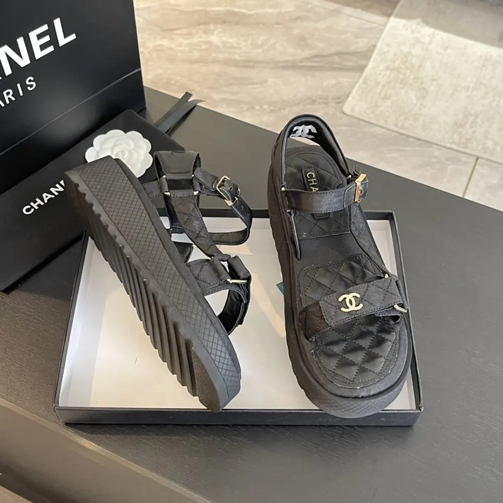 Chanel Women CC Open Toe Sandal in Calfskin Leather Black