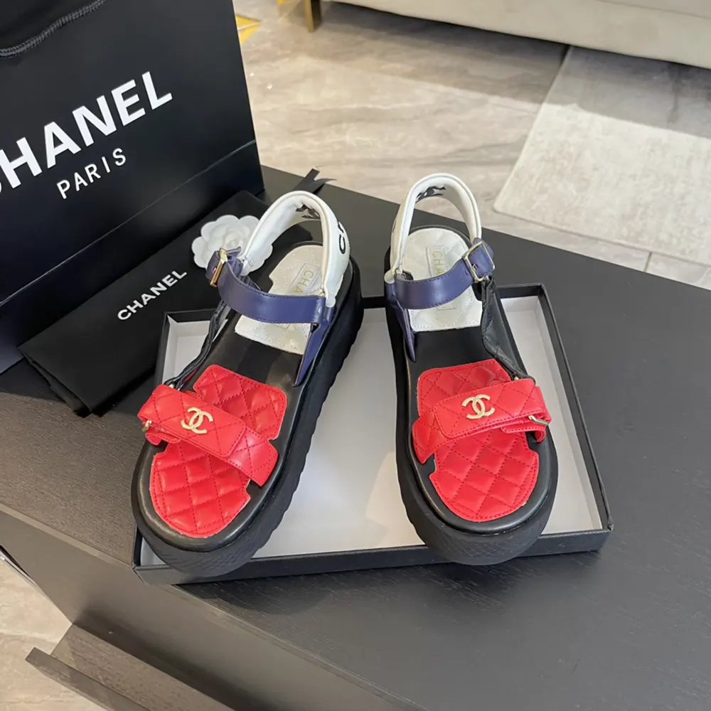 Chanel Women Open Toe Sandal in Calfskin Leather Red