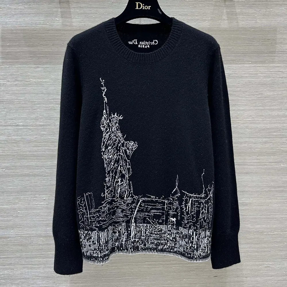 Dior Women Embroidered Sweater Black and White Cashmere and Silk Knit with New York Motif