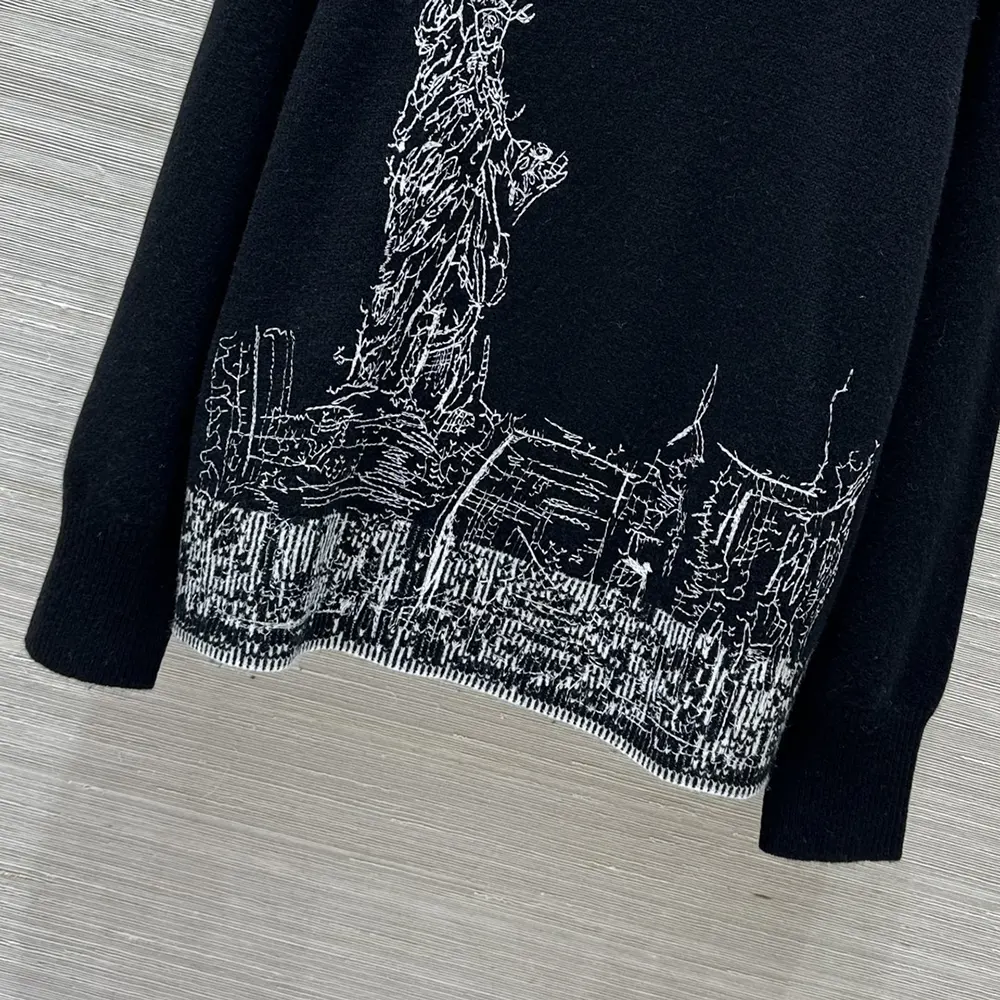 Dior Women Embroidered Sweater Black and White Cashmere and Silk Knit with New York Motif