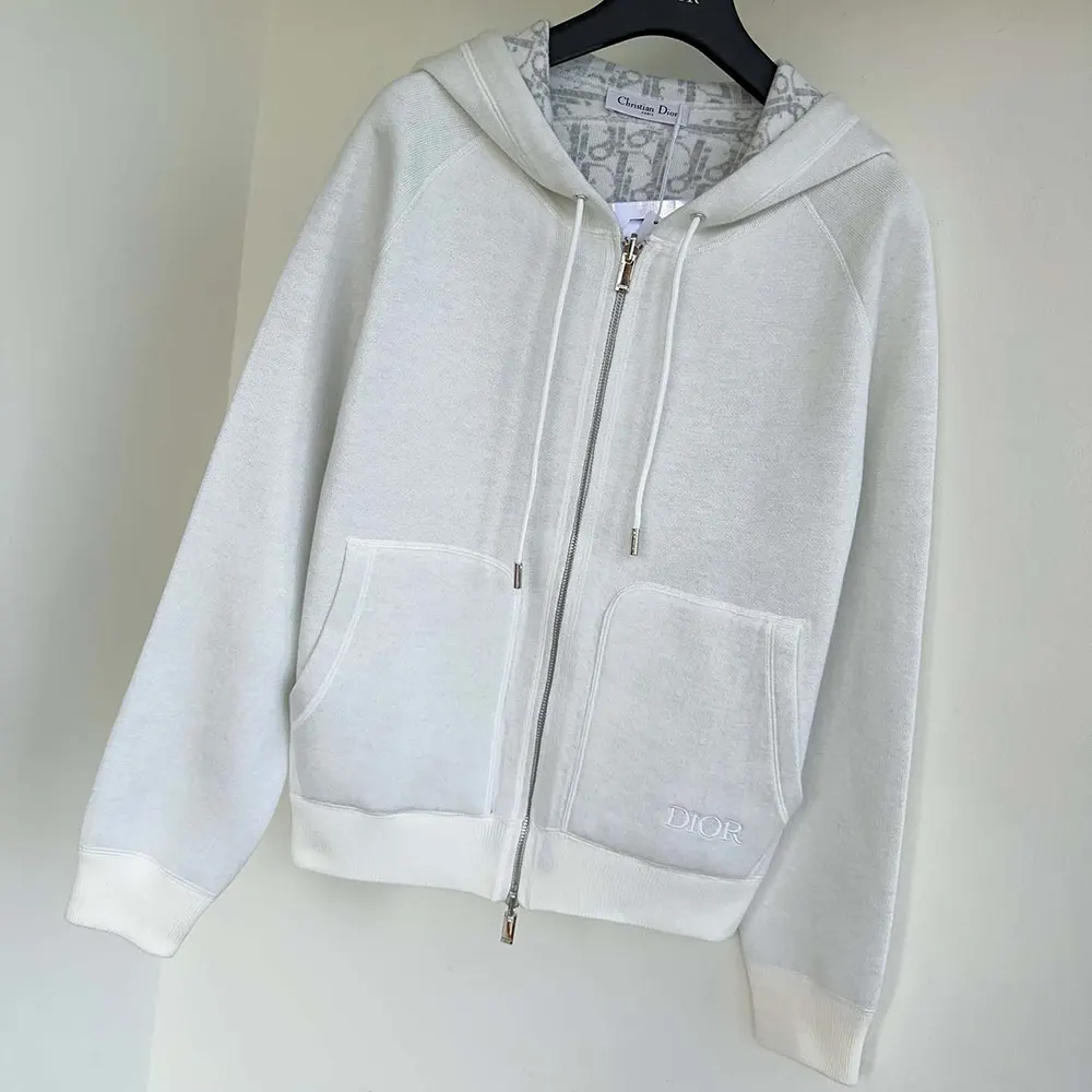Dior Men Hooded Track Jacket White Cotton Knit and Cashmere