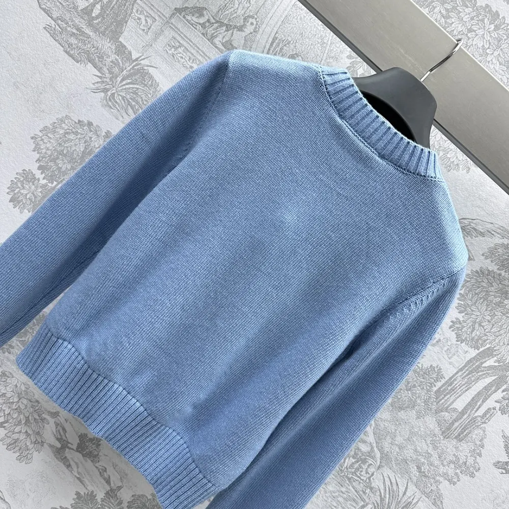 Dior Women Sweater Pale Blue Cashmere and Silk Knit with Black Miss Dior Graffiti Motif