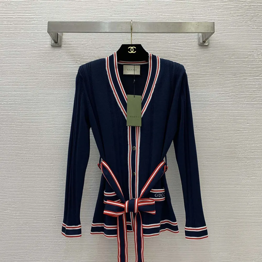 G*u*i women self tie cardigan with striped trim 691714xkd264915