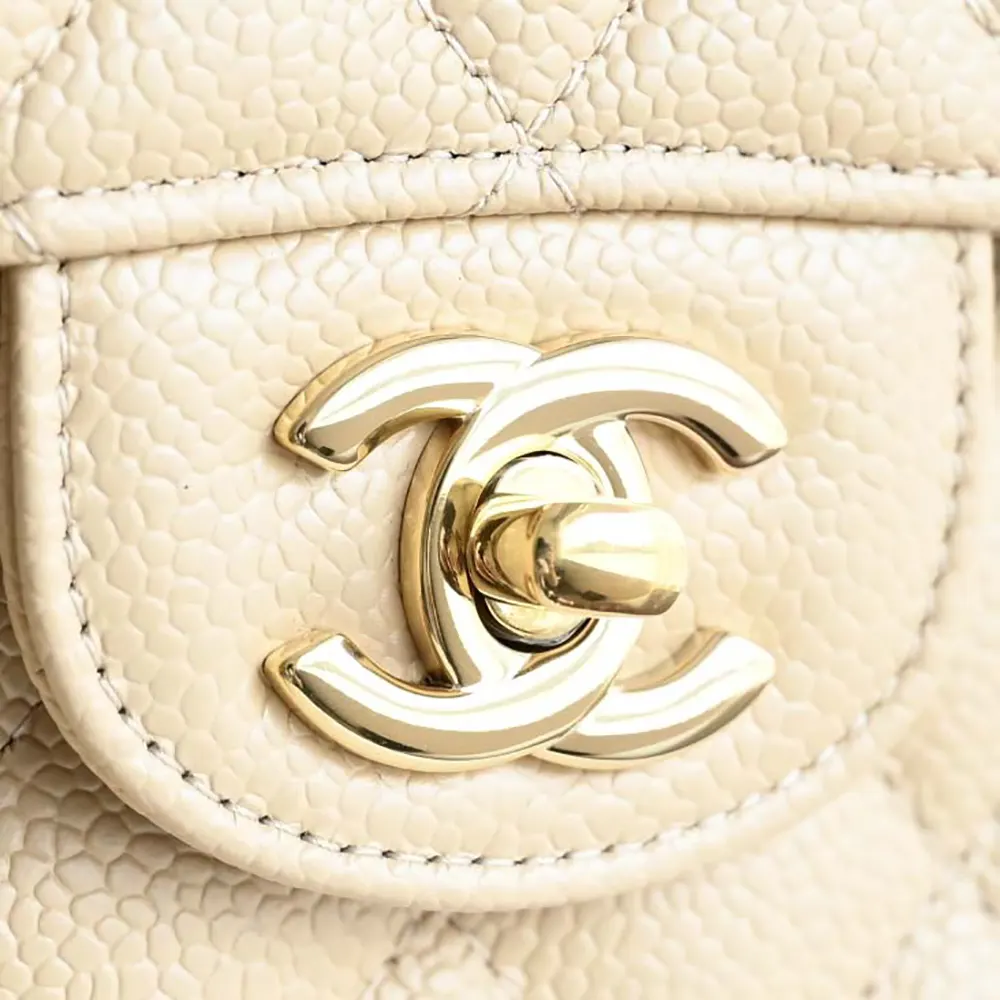 Chanel Women Classic 11.12 Handbag Grained Shiny Calfskin Gold-Tone Metal-Beige