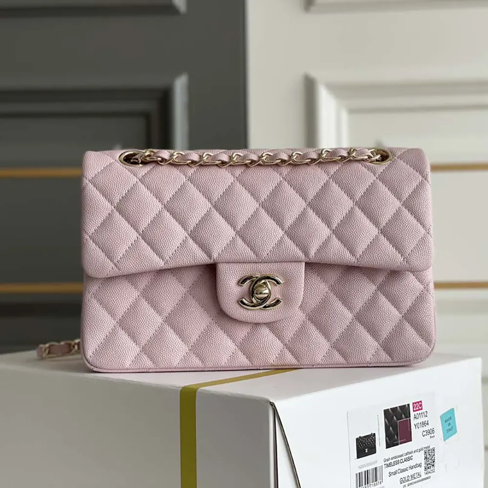 Chanel Women Small Classic Handbag Grained Shiny Calfskin Gold-Tone Metal-Light Pink