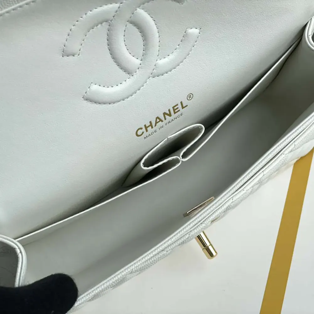 Chanel Women Classic 11.12 Handbag Grained Shiny Calfskin Gold-Tone Metal-White