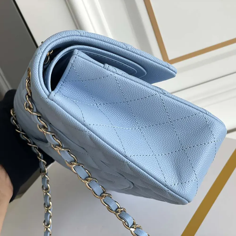 Chanel Women Classic 11.12 Handbag Grained Shiny Calfskin Gold-Tone Metal-Blue