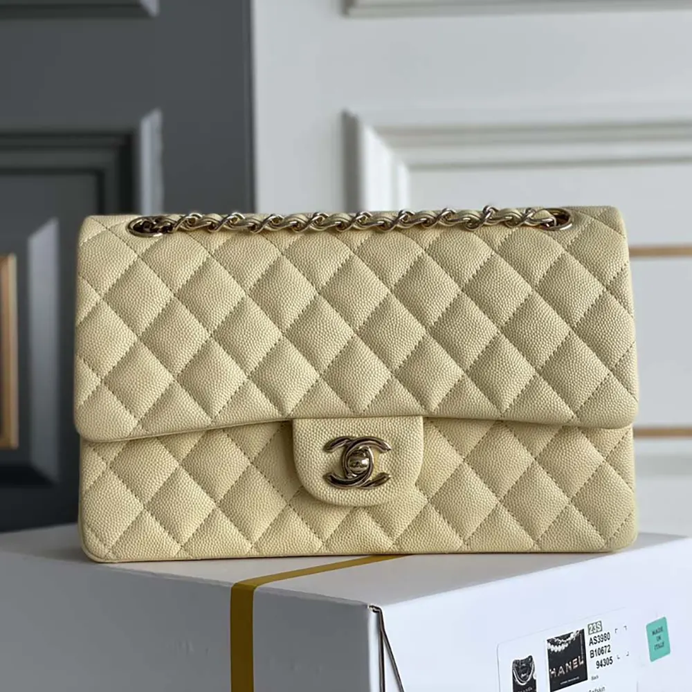 Chanel Women Medium Classic Handbag Grained Shiny Calfskin Gold-Tone Metal-Yellow