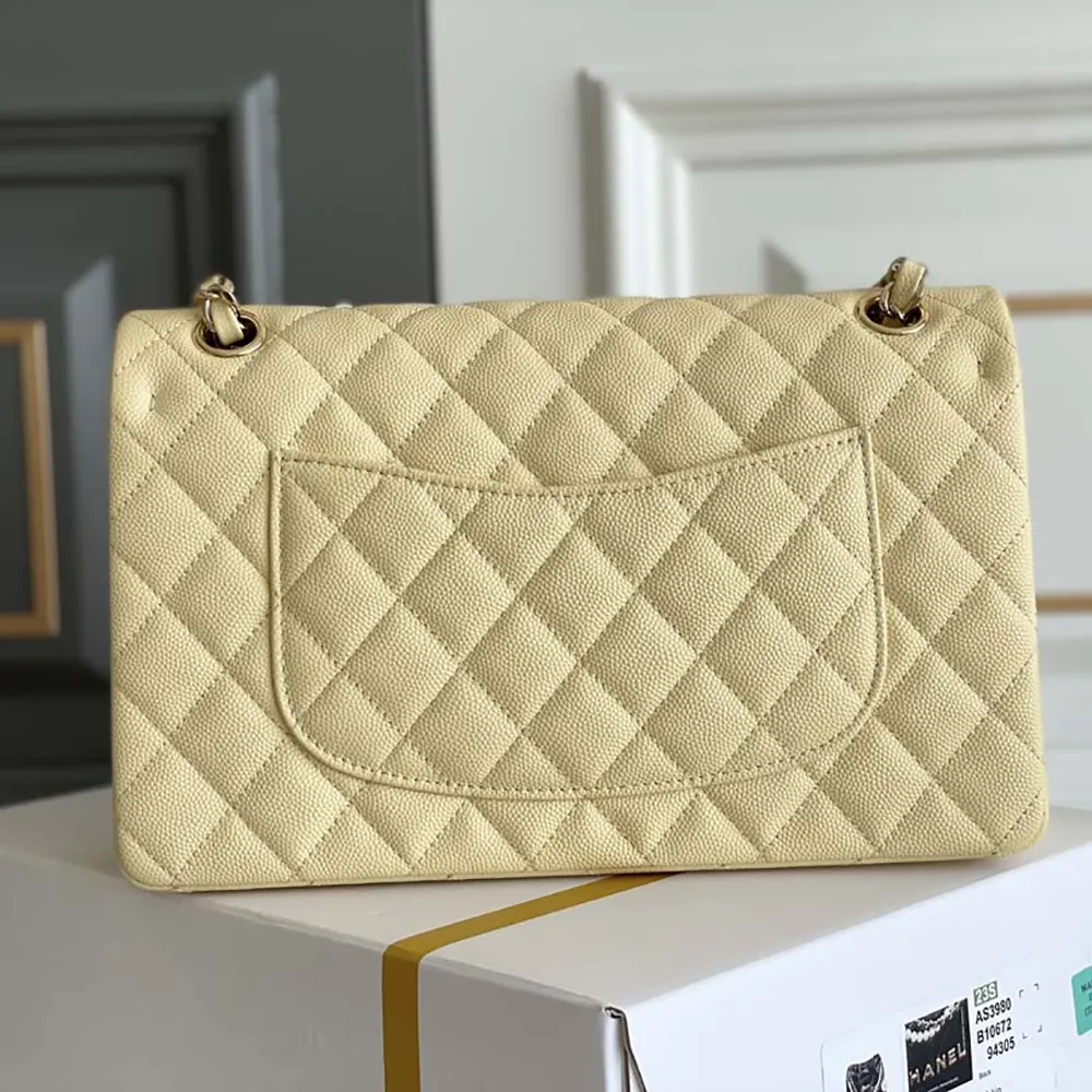 Chanel Women Medium Classic Handbag Grained Shiny Calfskin Gold-Tone Metal-Yellow