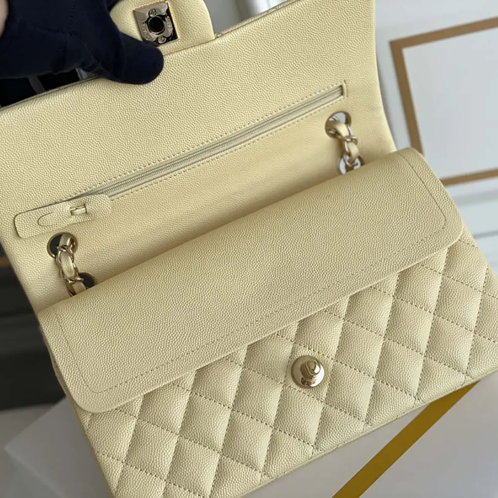 Chanel Women Medium Classic Handbag Grained Shiny Calfskin Gold-Tone Metal-Yellow