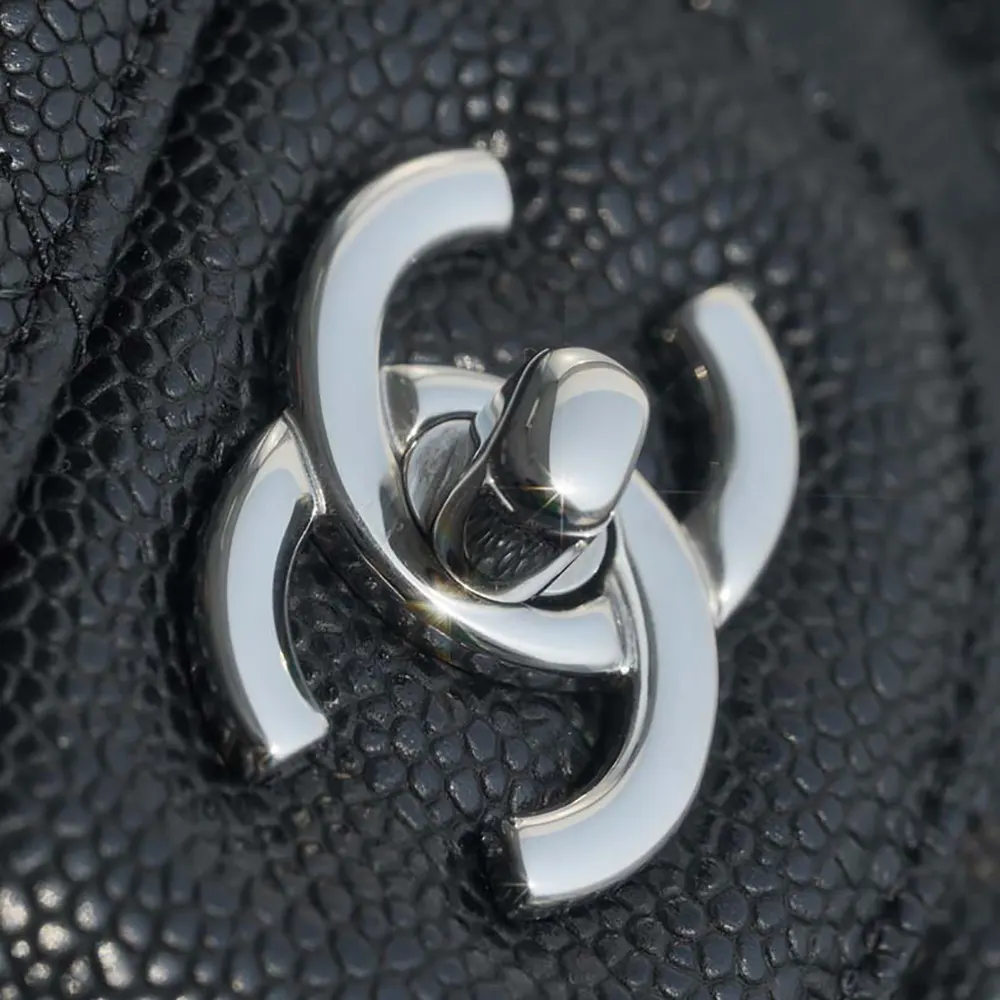 Chanel Women Large Classic Handbag in Grained Calfskin Silver Tone Metal-Black
