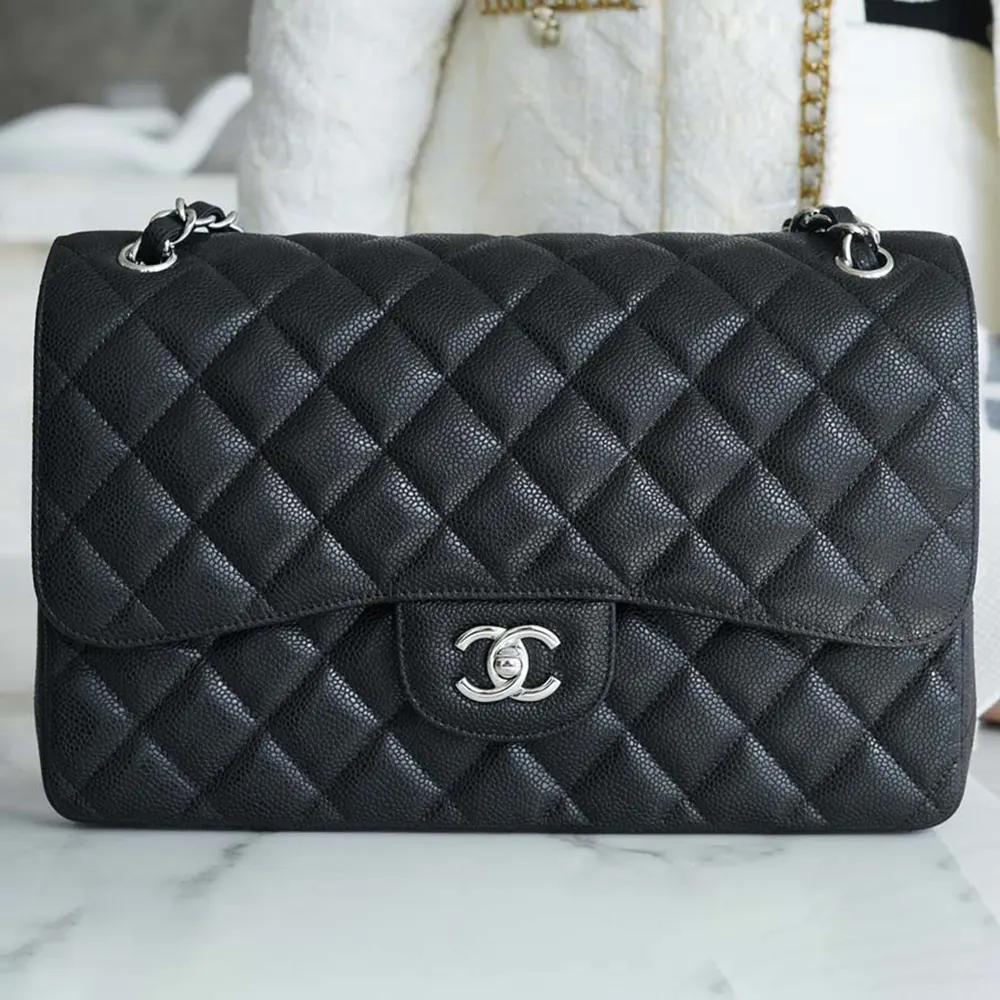 Chanel Women Large Classic Handbag in Grained Calfskin Silver Tone Metal-Black
