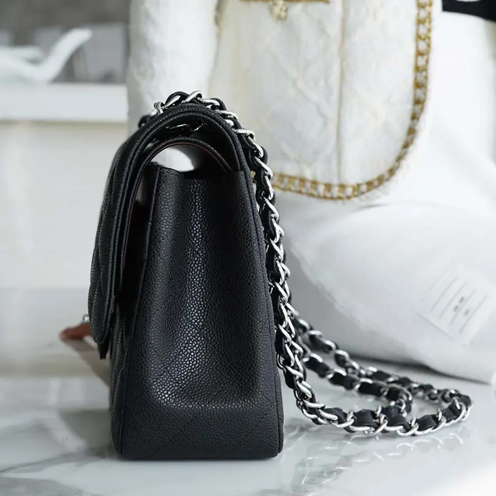 Chanel Women Large Classic Handbag in Grained Calfskin Silver Tone Metal-Black