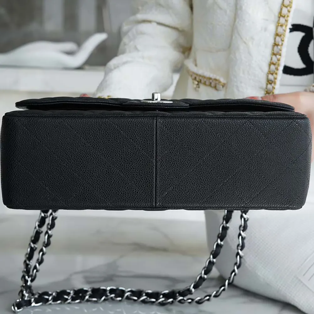 Chanel Women Large Classic Handbag in Grained Calfskin Silver Tone Metal-Black