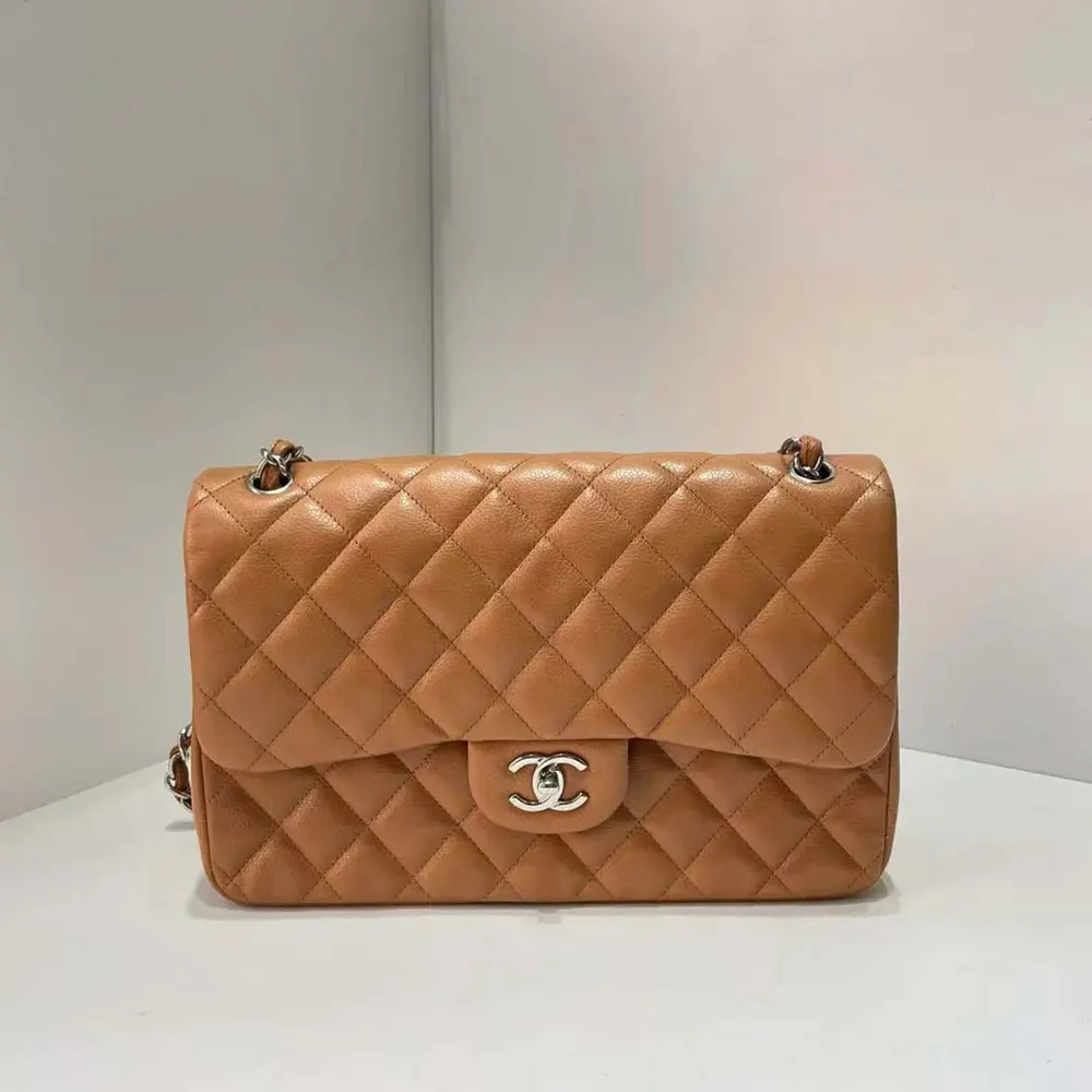 Chanel Women Small Classic Handbag in Lambskin Leather-Brown