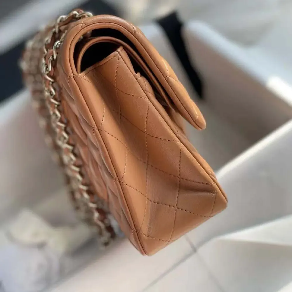 Chanel Women Small Classic Handbag in Lambskin Leather-Brown